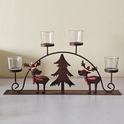Bougeoir de Noël en Métal, Forme de Rennes et Sapin, 4 Verres Amovibles pour Bougies