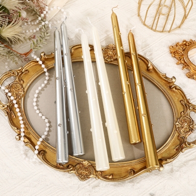 Lot de 2 Bougies Longues Perlées LUMÉA, Doré, Argent ou Ivoire