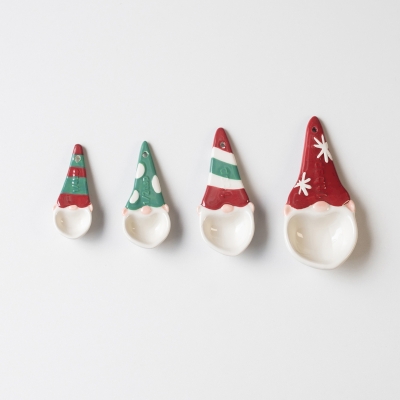 Set of 4 Christmas Ceramic Measuring Spoons, Hand-Painted Elves, Red and Green