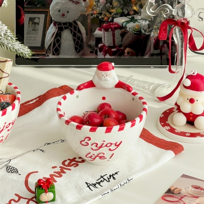 SANTORY Ceramic Christmas Bowl, Red and White Santa Claus Design