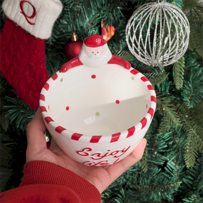 SANTORY Ceramic Christmas Bowl, Red and White Santa Claus Design