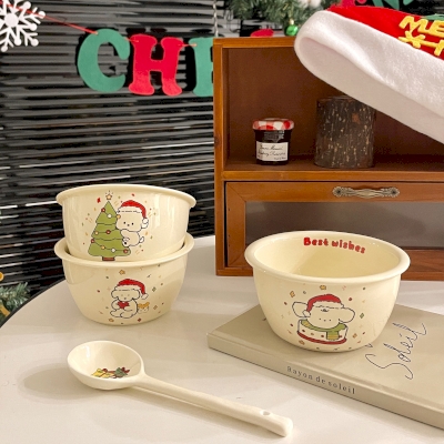 Set of 3 MERRYFU Bowls, Christmas Ceramic with Dog Pattern, for Salad or Dessert