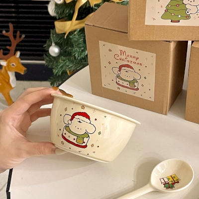 Set of 3 MERRYFU Bowls, Christmas Ceramic with Dog Pattern, for Salad or Dessert