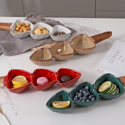 NORDIC appetizer tray, reactive glaze ceramic with wooden handle