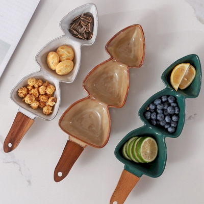 NORDIC appetizer tray, reactive glaze ceramic with wooden handle