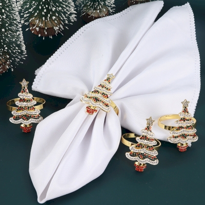 Set of 6 SAPINÉA napkin rings, gold Christmas tree adorned with multicolored rhinestones