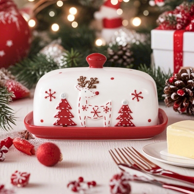 CÉLINO Butter Dish, White and Red Ceramic with Christmas Reindeer Motif