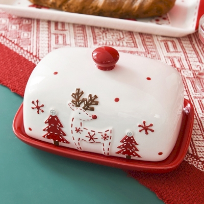CÉLINO Butter Dish, White and Red Ceramic with Christmas Reindeer Motif