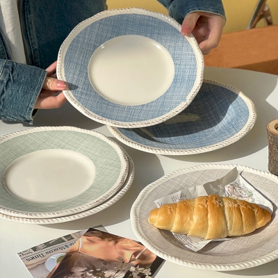 TILENA 4-Piece Ceramic Dinnerware Set with Braided Rim, Sage Green and Linen Blue Tones