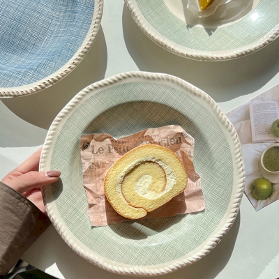 TILENA 4-Piece Ceramic Dinnerware Set with Braided Rim, Sage Green and Linen Blue Tones