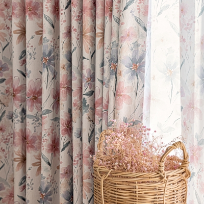 Custom-made FLORALYS curtain, printed chenille fabric, pastel watercolor daisy pattern