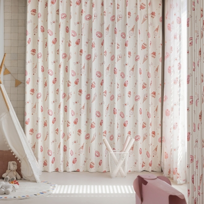 Custom-made children's curtain, DOUCINETTE, printed chenille fabric, romantic pink sweetness pattern