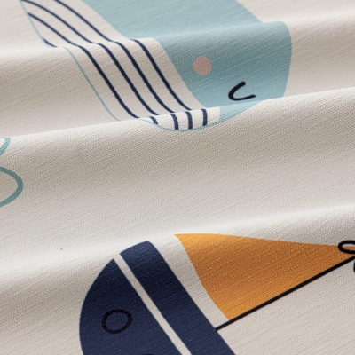 Custom-made children's curtain MARÉLIN, printed chenille fabric, whale and sailboat motifs