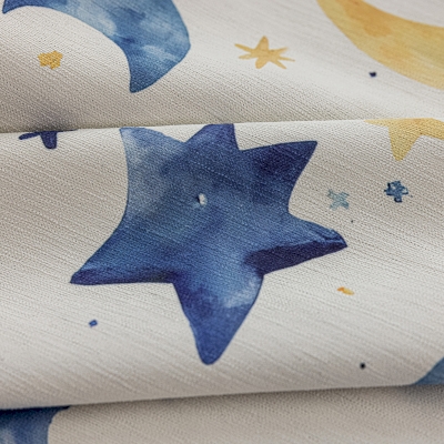 Rideau Enfant Sur Mesure LUNASTEL, Tissu Chenille Imprimée, Motif Aquarelle Étoiles et Lune Oniriques