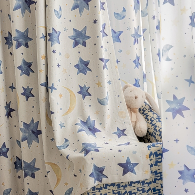 Rideau Enfant Sur Mesure LUNASTEL, Tissu Chenille Imprimée, Motif Aquarelle Étoiles et Lune Oniriques