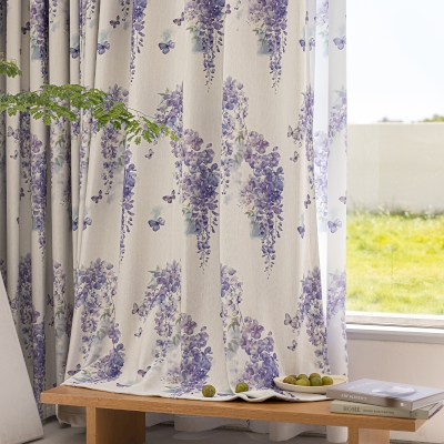 Rideau Sur Mesure FLORÉVINE, Tissu Chenille Imprimé, Motif Aquarelle Glycine et Papillons
