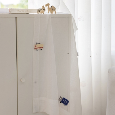 Voilage Enfant Sur Mesure VROOM, Tissu Effet Lin, Brodé Motifs Voitures