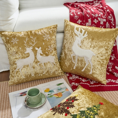 Housse de Coussin de Noël Dorée, Motifs Brodés Renne Sapins Flocons – 5 Modèles Festifs