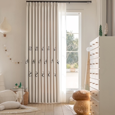 Custom-made children's curtains by PANDINE, embroidered chenille fabric, playful panda design