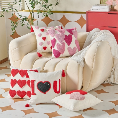 DELICIA Valentine's Day Cushion, Cotton-Polyester Fabric, Tufted Embroidered Heart Motifs, Fringed Finish