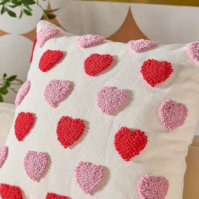 DELICIA Valentine's Day Cushion, Cotton-Polyester Fabric, Tufted Embroidered Heart Motifs, Fringed Finish