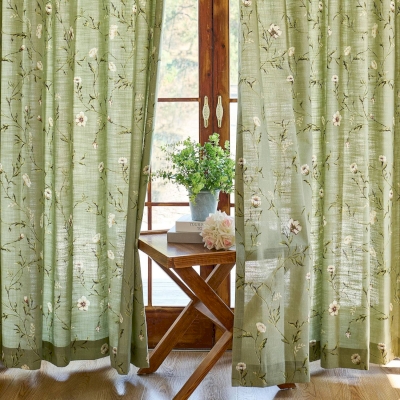 Rideau Sur Mesure VALÉRIE, Tissu Effet Lin & Coton, Motif Floral Vert Champêtre