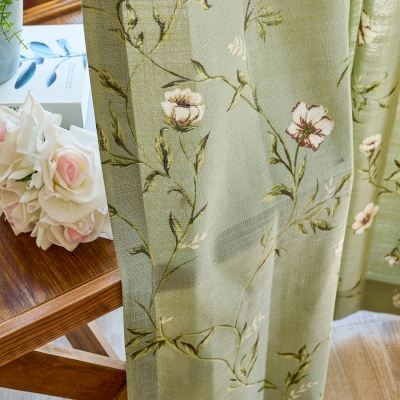 Rideau Sur Mesure VALÉRIE, Tissu Effet Lin & Coton, Motif Floral Vert Champêtre