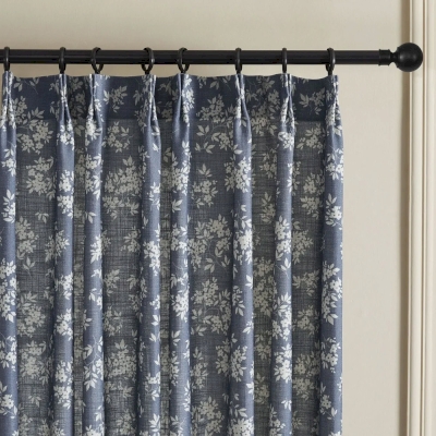 Rideau Sur Mesure ASTRÉE, Tissu Effet Lin, Petites Fleurs Blanches sur Bleu Ardoise