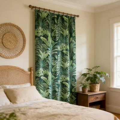 Rideau Sur Mesure PALMERA, Toucher Coton-Lin, Imprimé Feuillage Tropical Vert