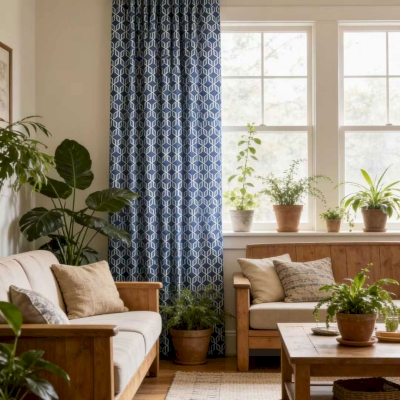 Rideau Sur Mesure Oxyde, Tissu Toucher Coton-Lin, Motif Géométrique Graphique Bleu Nuit