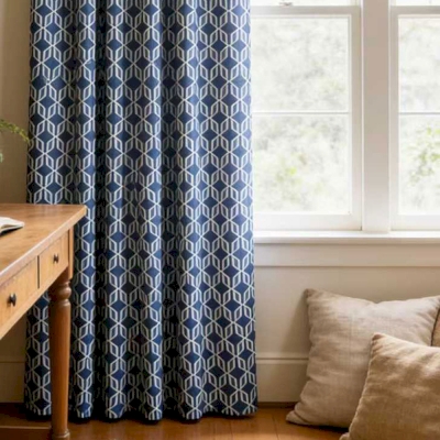 Rideau Sur Mesure Oxyde, Tissu Toucher Coton-Lin, Motif Géométrique Graphique Bleu Nuit