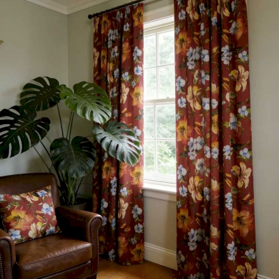 Rideau Sur Mesure AMARANTE, Tissu Toucher Coton-Lin, Imprimé Floral Chaleureux Terracotta