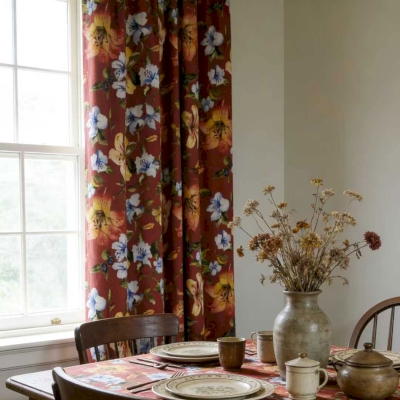 Rideau Sur Mesure AMARANTE, Tissu Toucher Coton-Lin, Imprimé Floral Chaleureux Terracotta