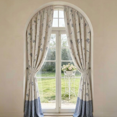 Rideau Sur Mesure CÉLESTINE, Tissu Toucher Lin, Imprimé Champêtre Bleu Et Carreaux Vichy