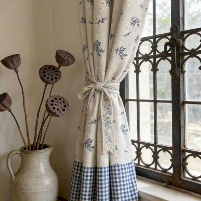 Rideau Sur Mesure CÉLESTINE, Tissu Toucher Lin, Imprimé Champêtre Bleu Et Carreaux Vichy