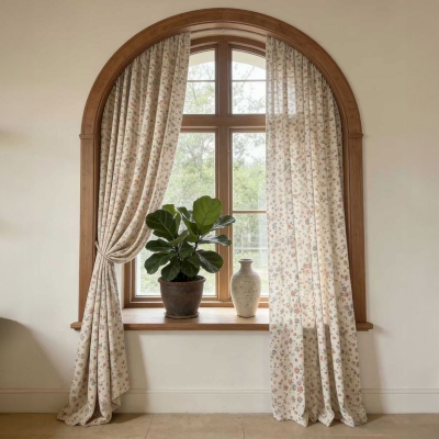 Rideau Sur Mesure MÉLISANDE, Tissu Toucher Lin, Imprimé Petites Fleurs Romantiques Sur Fond Écru