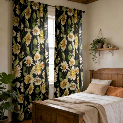 Rideau Sur Mesure PÂQUERETTE, Tissu Toucher Coton-Lin, Imprimé De Marguerites Champêtres