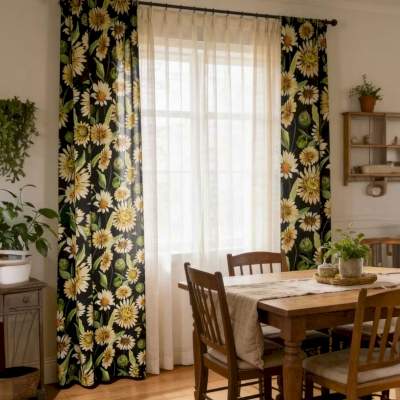 Rideau Sur Mesure PÂQUERETTE, Tissu Toucher Coton-Lin, Imprimé De Marguerites Champêtres