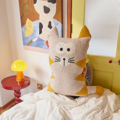 Coussin MOELLO, Forme Chat Mignon, Texture Bouclée Ultra-Douce, 48 × 74 cm