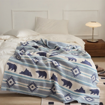 Plaid BOREALIS, Tricot Jacquard Doux, Motif Ours et Montagnes, 130 × 160 cm