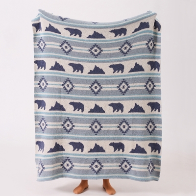 Plaid BOREALIS, Tricot Jacquard Doux, Motif Ours et Montagnes, 130 × 160 cm