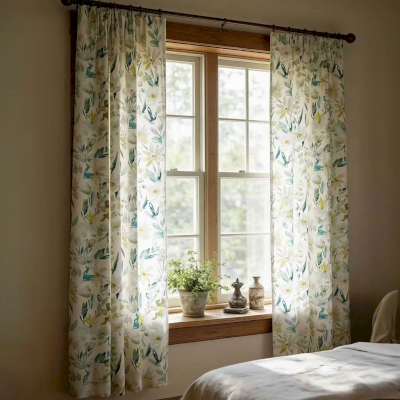 Rideau Sur Mesure ASTRÉLIA, Tissu Toucher Coton-Lin, Imprimé Floral Aérien Et Feuillage