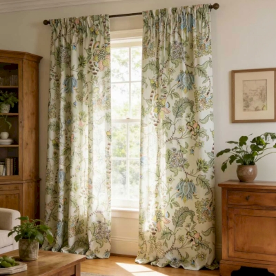 Rideau Sur Mesure SYLVÉA, Tissu Toucher Coton-Lin, Imprimé Botanique Ornemental Inspiré Des Arts Décoratifs