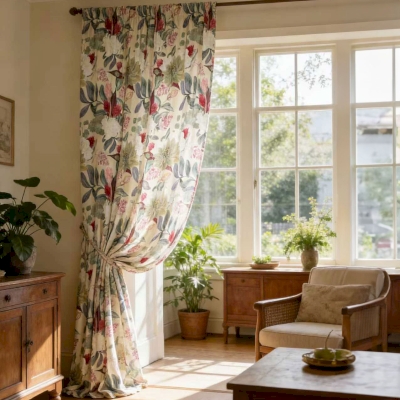 Rideau Sur Mesure VÉRONIA, Tissu Toucher Coton-Lin, Imprimé Botanique Fleuri et Feuillage Harmonie