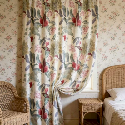 Rideau Sur Mesure VÉRONIA, Tissu Toucher Coton-Lin, Imprimé Botanique Fleuri et Feuillage Harmonie