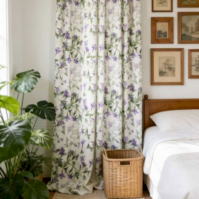 Custom-made purple curtain, cotton-linen feel fabric, wildflower and delicate foliage print