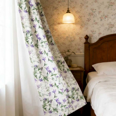 Custom-made purple curtain, cotton-linen feel fabric, wildflower and delicate foliage print
