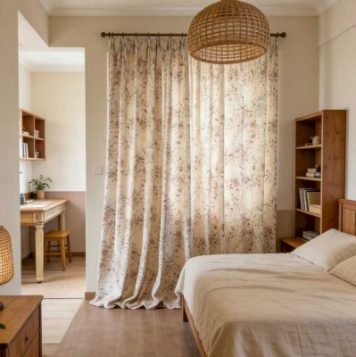 Rideau Sur Mesure FLORÉLINE, Tissu Toucher Coton-Lin, Imprimé Petites Fleurs Champêtres et Feuillage Fin