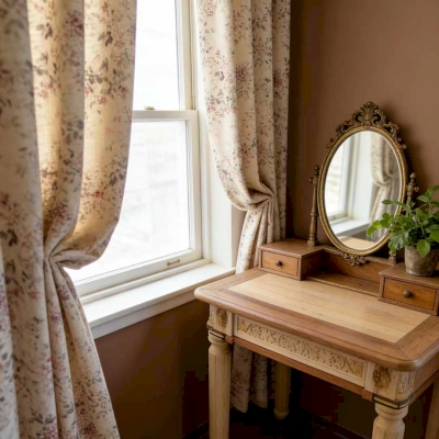 Rideau Sur Mesure FLORÉLINE, Tissu Toucher Coton-Lin, Imprimé Petites Fleurs Champêtres et Feuillage Fin