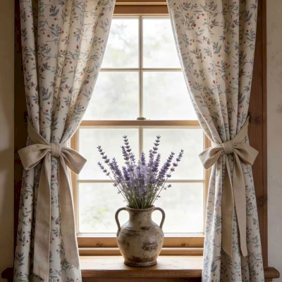 Custom-made LAVANDINE curtain, Cotton-Linen feel fabric, Countryside Botanical and Delicate Berry print